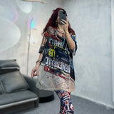 90s fashion Women's Mesh Short-Sleeved T-shirt American Retro Style Loose Mid-Length Color Printed round Neck T-shirt Top