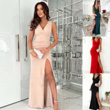 prom dresses Women's Solid Color Sexy Slim V-neck Sleeveless Split Dress