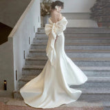 dress to impress divine being French Style Light Wedding Dress Bridal Elegant Satin off-Shoulder Bow Fishtail Mori Welcome Trailing Travel Dress