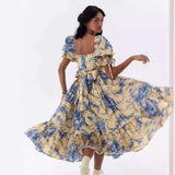 dress to impress 2024 Summer New Square Collar Puff Sleeve Pleated Lace-up Waist Long Printed Dress