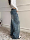 90s fashion Plus Size American-Style Washed Profile Curved Jeans Women's High Street Retro Loose High Waist All-Match Wide Leg Pants