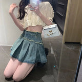 Stetnode 2024 summer new design hot girl slim all-match raw edge pleated skirt high waist a-line denim shorts skirt female