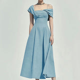 outfit Niche 2024 Elegant Slim-Fit Irregular Shoulder Strap Dress Haze Blue Oblique Shoulder Dress 1142