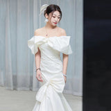 dress to impress divine being off-Shoulder Satin Fishtail Light Wedding Dress Bride French Simple Temperament out Yarn Tail Super Fairy Welcome Dress