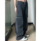 leapord halloween outfit American Style Workwear Mop Jeans Women's Autumn Black Gray High Waist Straight Pants Loose Slimming Wide Leg Pants Fashion