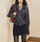 2000s fashion Waist-Tight Batwing Sleeve Plaid Suit Jacket Low Waist Hip Skirt Two-Piece Suit Skirt