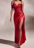 prom dresses Hot-Selling Solid Color Sling Hollow-out Back Lace-up Fishbone Waist Slit Pleated Dress