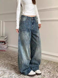 90s fashion Plus Size American-Style Washed Profile Curved Jeans Women's High Street Retro Loose High Waist All-Match Wide Leg Pants