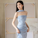 outfit Blue Evening Dress for Women 2024 New French Tube Top Engagement Dress Dinner Bridal Morning Gown