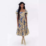 dress to impress 2024 Summer New Square Collar Puff Sleeve Pleated Lace-up Waist Long Printed Dress