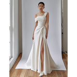 dresses Satin off-Shoulder Wedding Dress 2024 New Bridal Simple Welcome Door Light Yarn Long Split Slimming Light Wedding Dress