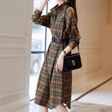 outfit inspo fall Spring and Autumn 2024 New Stand Collar Simple Plaid Dress Women's High-Grade Temperament Commuter Waist-Tight Shirt Dress