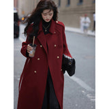 2000s fashion Autumn and Winter Elegant New Year Battle Robe Vintage Woolen Coat Red Long Gold Buckle Woolen Coat for Women