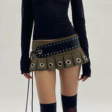 concert outfit ideas Design Style Sexy Mini Skirt Lace-up Leather Big Belt Street Punk Hot Girl New Pleated Skirt