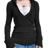 dream clothes Women's T-shirt Slim-Fit Slimming Lace Deep V-neck Hoodie Drawstring Large Pocket Stitching Top Su3093