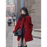 2000s fashion Autumn and Winter Elegant New Year Battle Robe Vintage Woolen Coat Red Long Gold Buckle Woolen Coat for Women