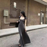 black sweater dress outfit Sweet Hot Girl Summer Tea Break French Square Collar Short Sleeve Dress Stunning Slim Fit Waist-Tight Temperament Long