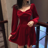 leapord halloween outfit French Style Dress New Year Clothes Women's Battle Dress Hepburn Style Velvet Dress Red Retro Square Collar Bottoming Dress