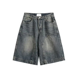 90s streetwear American Retro Washed High Street Stitching Denim Shorts Men's and Women's Summer Wide Leg Distressed Loose Casual Cropped Pants