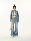 Stetnode back to school spring outfit Dallas Patchwork Denim Blue Cropped Jeans Jacket High Waist Straight Leg Denim Jeans Pants Matching Set