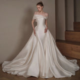 dress to impress divine being off-Shoulder Satin Fishtail Main Wedding Dress 2024 New Simple Mori Temperament Bridal Large Tail Welcome Yarn