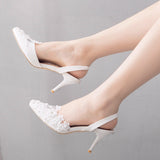 android vs cyberborg dress to impress 7cm Low-Cut Pointed Sandals White Lace Beaded Stiletto Heel Sandals plus Size Wedding Shoes Bridal Wedding Party