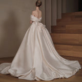 dress to impress divine being off-Shoulder Satin Fishtail Main Wedding Dress 2024 New Simple Mori Temperament Bridal Large Tail Welcome Yarn