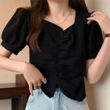 Stetnode French style puff sleeve short tops summer cover belly thin irregular shoulder niche short sleeve shirt chic 9578