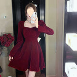 leapord halloween outfit Lace-up Velvet Dress Slimming Bow Winter French Retro Red Fairy Short Skirt