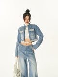 Stetnode back to school spring outfit Dallas Patchwork Denim Blue Cropped Jeans Jacket High Waist Straight Leg Denim Jeans Pants Matching Set