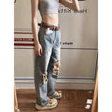 Stetnode cowgirl outfits American Retro Distressed Ripped Jeans Women's Autumn 2024 High Waist Loose Slimming Straight Wide Leg Trousers