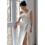 dresses Satin off-Shoulder Wedding Dress 2024 New Bridal Simple Welcome Door Light Yarn Long Split Slimming Light Wedding Dress