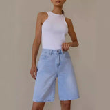 90s streetwear American Retro 2024 Summer New Denim Fifth Pants Women's Design Sense Niche Loose Wide Leg Straight Pants Fashion