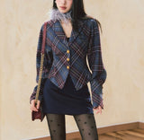 2000s fashion Waist-Tight Batwing Sleeve Plaid Suit Jacket Low Waist Hip Skirt Two-Piece Suit Skirt