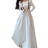 cybergoth dress to impress White off-Shoulder Long Sleeve Dress for Women Spring and Autumn New off-Shoulder Waist Slimming A- line Long Dress Ins