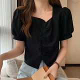 Stetnode French style puff sleeve short tops summer cover belly thin irregular shoulder niche short sleeve shirt chic 9578