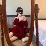 leapord Christmas outfit Atmosphere-Feeling Shirt Ankela Red Velvet Halter Dress Women's Autumn and Winter Waist-Tight High-Grade Dress Pettiskirt