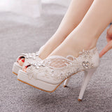 Stetnode android vs cyberborg dress to impress 11cm Peep Toe Sandals Stiletto Heel Platform Hollow Sandals Hollow Lace Bridal Rhinestone Wedding Sandals