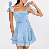 Stetnode country concert outfit 2024 Summer Square Collar Lace-up Waist Distressed Denim Dress Small Skirt