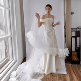 dresses Satin off-Shoulder Wedding Dress 2024 New Bridal Simple Welcome Door Light Yarn Long Split Slimming Light Wedding Dress