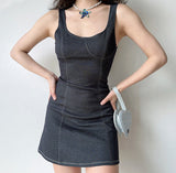 Stetnode back to school Backless Denim Stitch Sundress ~