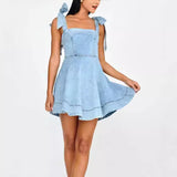 country concert outfit 2024 Summer Square Collar Lace-up Waist Distressed Denim Dress Small Skirt