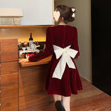 leapord halloween outfit Lace-up Velvet Dress Slimming Bow Winter French Retro Red Fairy Short Skirt