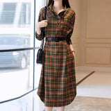 outfit inspo fall Spring and Autumn 2024 New Stand Collar Simple Plaid Dress Women's High-Grade Temperament Commuter Waist-Tight Shirt Dress