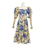 dress to impress 2024 Summer New Square Collar Puff Sleeve Pleated Lace-up Waist Long Printed Dress