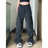 leapord halloween outfit American Style Workwear Mop Jeans Women's Autumn Black Gray High Waist Straight Pants Loose Slimming Wide Leg Pants Fashion