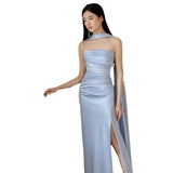 outfit Blue Evening Dress for Women 2024 New French Tube Top Engagement Dress Dinner Bridal Morning Gown