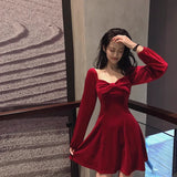 leapord halloween outfit French Style Dress New Year Clothes Women's Battle Dress Hepburn Style Velvet Dress Red Retro Square Collar Bottoming Dress