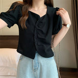 Stetnode French style puff sleeve short tops summer cover belly thin irregular shoulder niche short sleeve shirt chic 9578