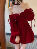 leapord Christmas outfit Atmosphere-Feeling Shirt Ankela Red Velvet Halter Dress Women's Autumn and Winter Waist-Tight High-Grade Dress Pettiskirt